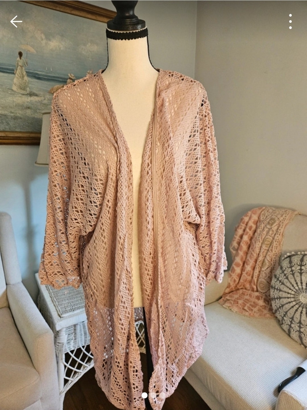 Open-Front Crochet Kimono Shrug in Dusty Rose